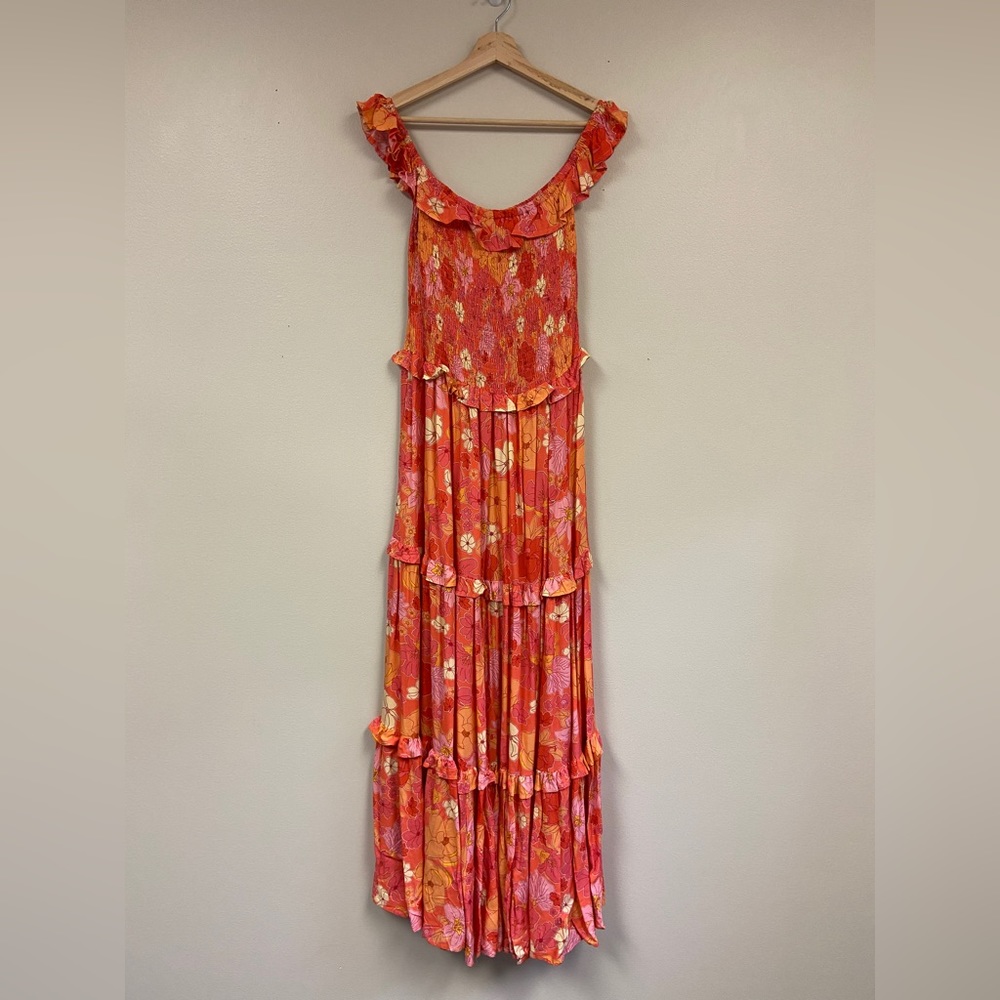 Floral Ruffled Maxi Dress in Coral Pink